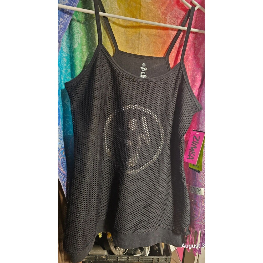Zumba Brand Sz Large Tank Top Black with Mesh Netting Silver Logo, new with tags